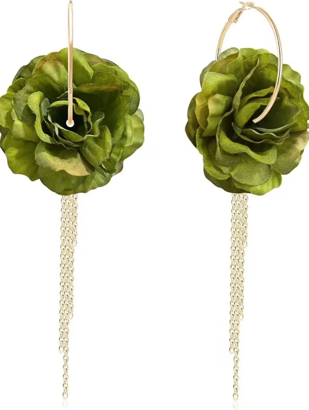 Fabric Flower Gold Metal Tassel  Earrings Floral Fringe Dangle Drop